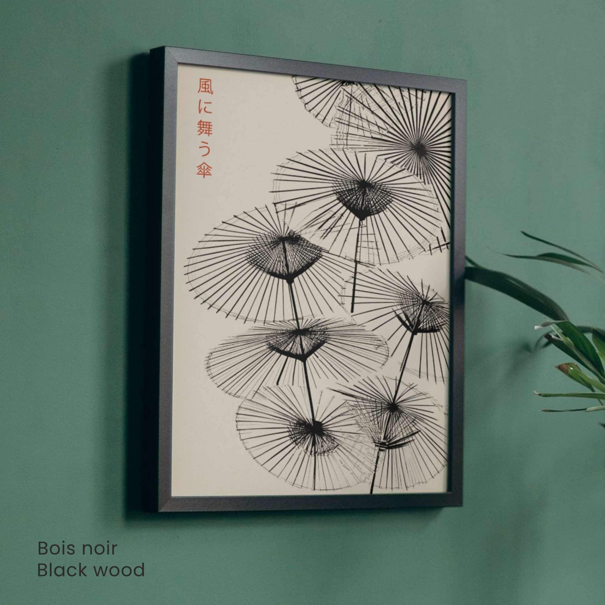Affiche Japonaise – Parapluies Dansants au Vent | Poster Minimaliste Japonais | Illustration Zen et Poétique | Art Mural Japon Traditionnel-1