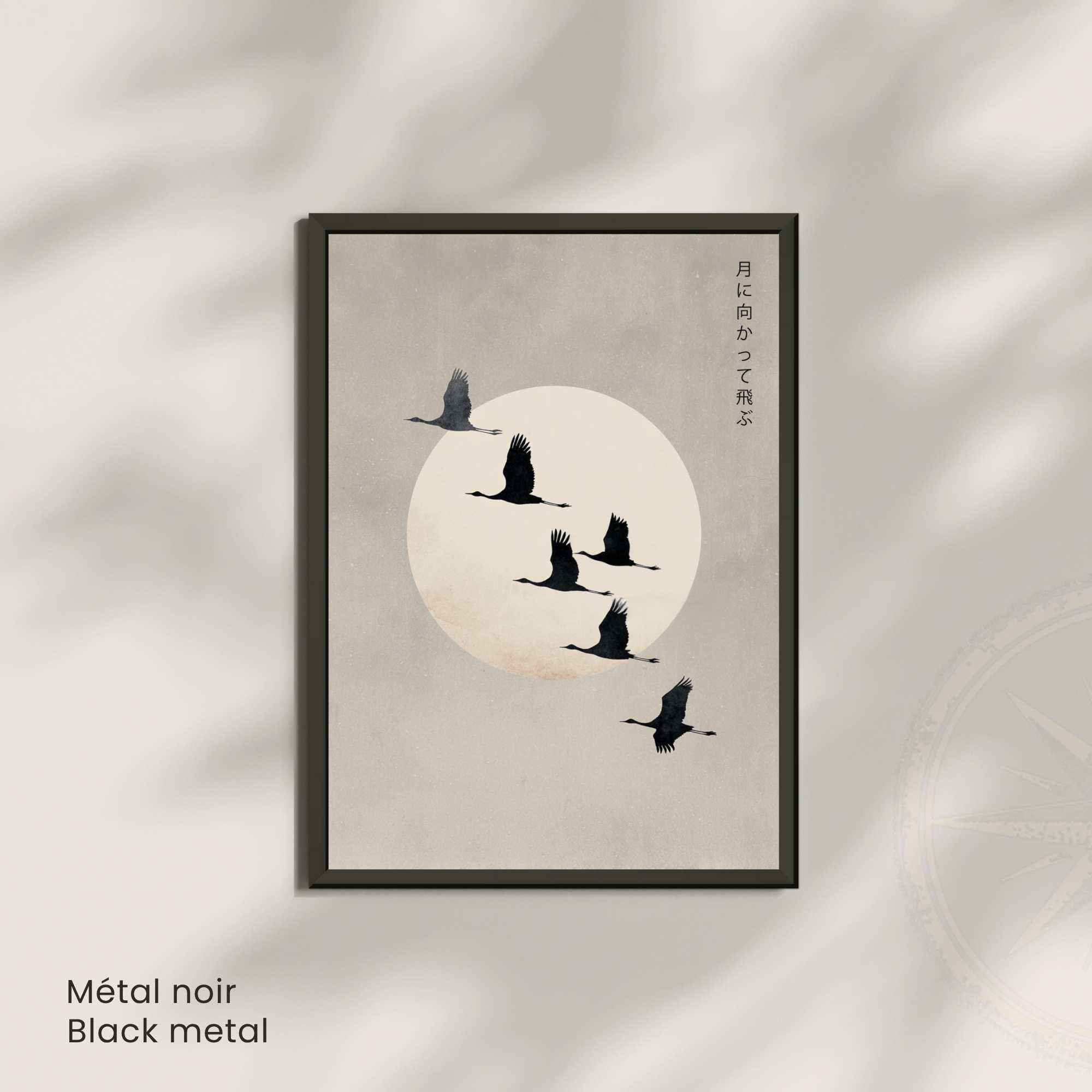 Affiche Japonaise – Voler vers la Lune | Poster Minimaliste Japonais | Art Zen et Poétique | Grues en Vol sous la Lune-3