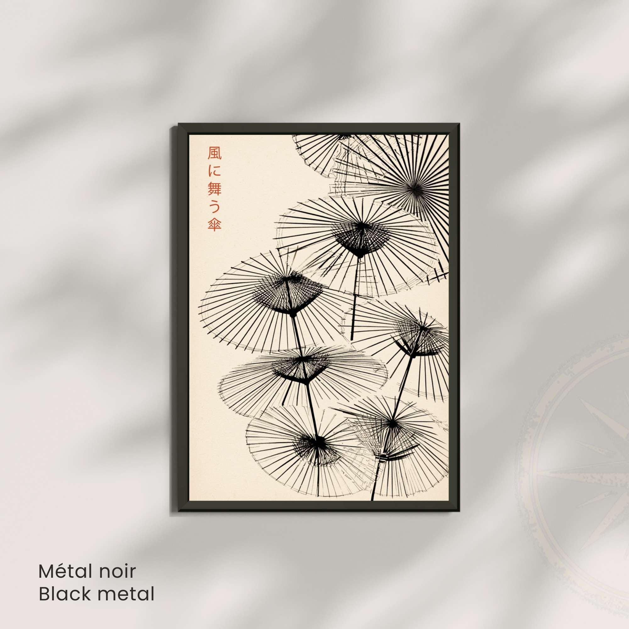 Affiche Japonaise – Parapluies Dansants au Vent | Poster Minimaliste Japonais | Illustration Zen et Poétique | Art Mural Japon Traditionnel-3