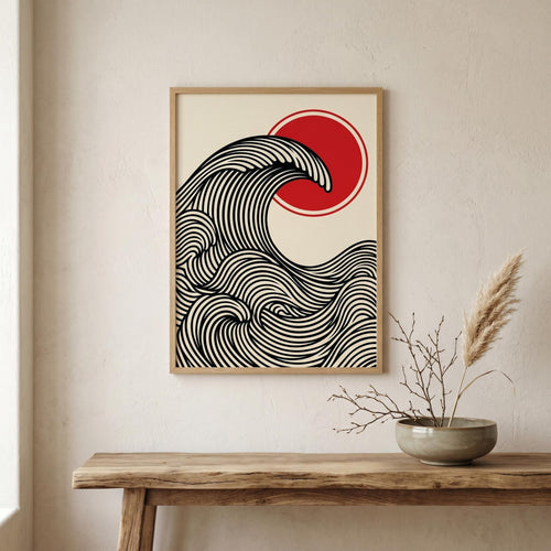 Affiche vague japonaise rouge et noir — art mural zen minimaliste-1