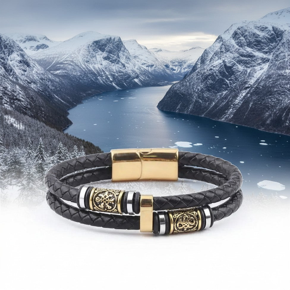 Bracciale Vichingo con Rune – Pelle e Acciaio Nordico