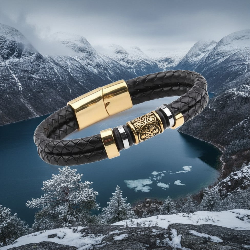 Bracciale Vichingo con Rune – Pelle e Acciaio Nordico