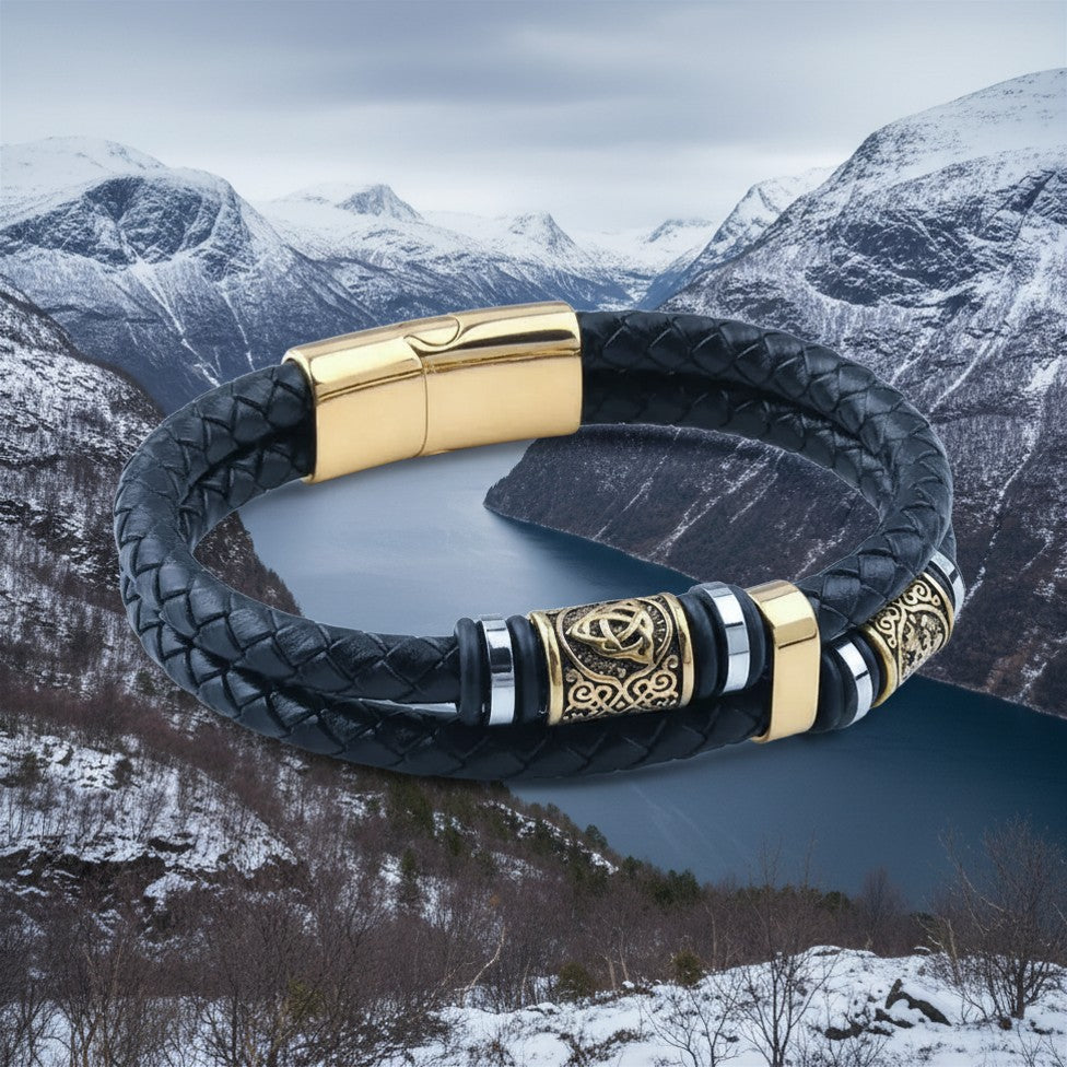 Bracciale Vichingo con Rune – Pelle e Acciaio Nordico